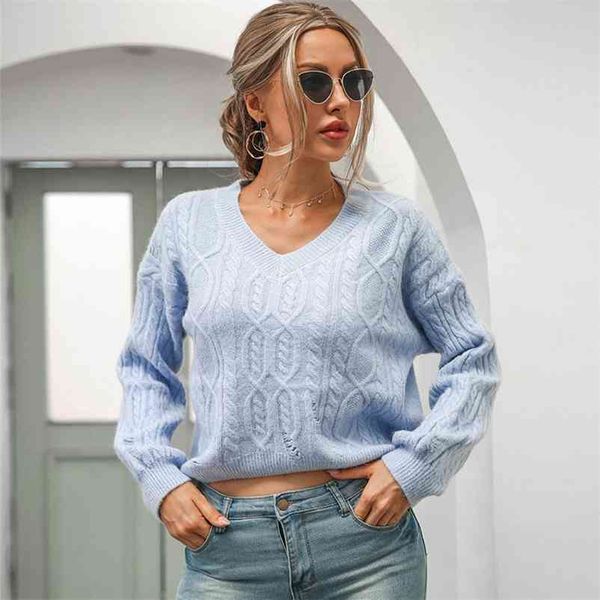 

foridol v neck twist distressed blue cropped sweater pullovers women vintage lantern sleeve winter short pullovers 210415, White;black