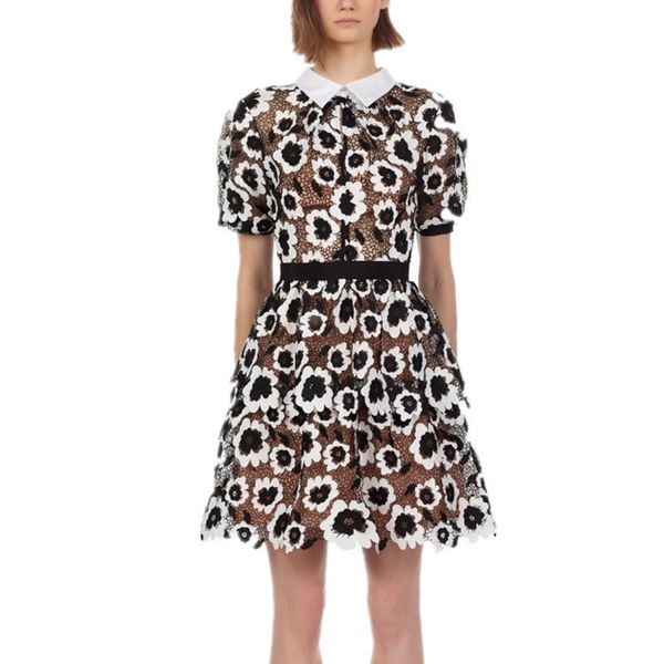 

casual dresses runway summer self portrait womens floral lace dress elegant short sleeve ladies party robe femme jid1, Black;gray