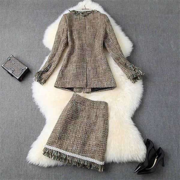 

runway winter designers woman suit autumn lady from the office luxury tweed wool jackets and skirt sets, Black