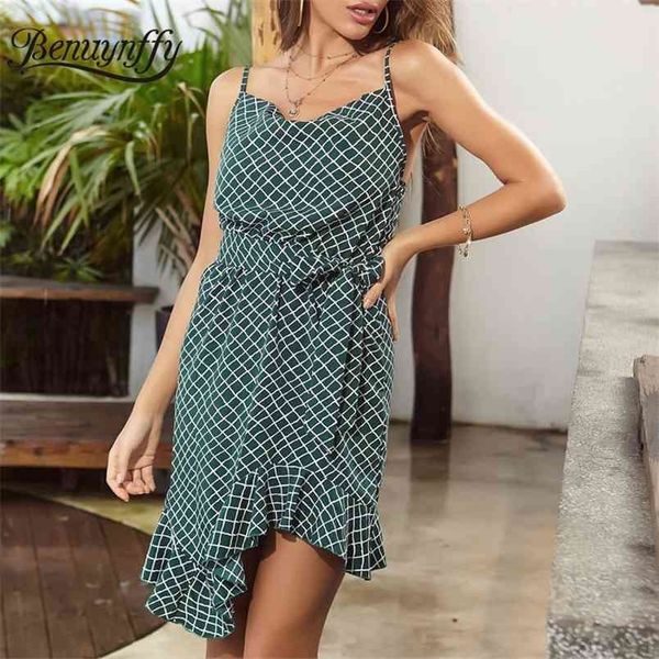 

grid print ruffle hem spaghetti strap dresses women backless plaid sleeveless beach summer cami dress with belt 210510, Black;gray