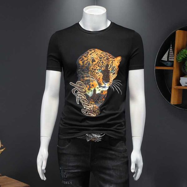 

tiger drill short sleeve t-shirt men's summer fashion slim trend tide brand youth mercerized cotton half sleeve t-shirt, White;black