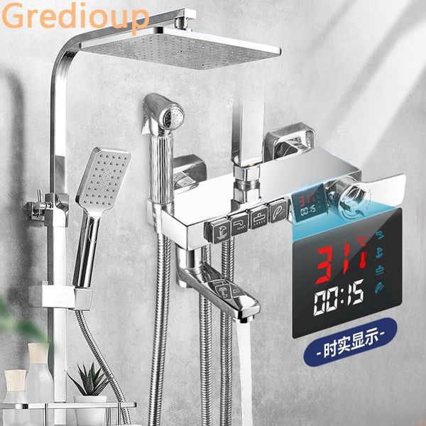 

digital shower set bathroom led smart thermostatic system wall mount cold mixer bath faucet rainfall chrome torneira sets