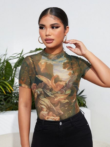 

sxy figure graphic stand neck mesh v7ks#, White