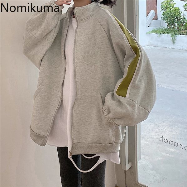 

nomikuma autumn korean plus velet thick sweatershirt coat contrast color long sleeve zipper stand neck hoodie jacket 6b944 210427, Black