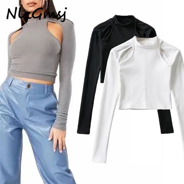 

t shirt women shoulder off cotton shirt short style long sleeve o neck ees ladies casual ee street wear op 210628, White