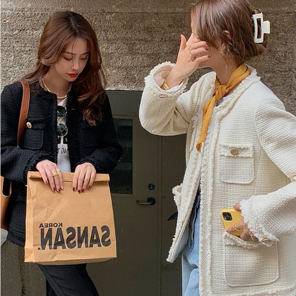 

women's jackets vintage small fragrant tweed jacket women round neck long-sleeved temperament korean loose elegant streetwear sweet coa, Black;brown