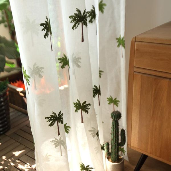 

custom curtain tulles pastoral white coconut tree embroidery window bedroom living room balcony yarn sheer tulle m368 & drapes