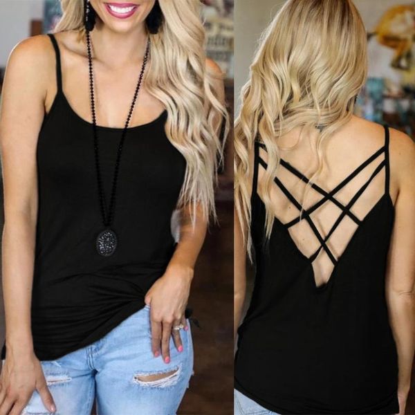 

women's tanks & camis women summer camisole tank backless o neck back cross design strap vest female cutton beach d30, White