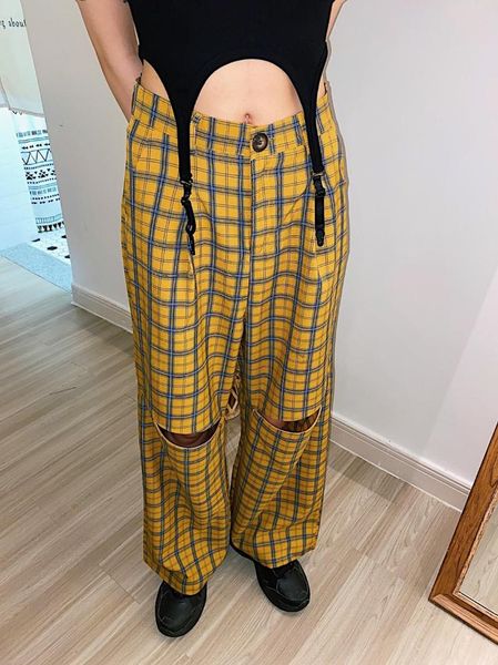 

women's pants & capris plaid loose straight tube wide leg 2021 design sense zipper broken hole high waist drape pant trousers, Black;white