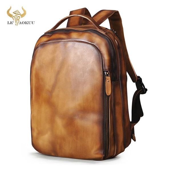 

men thick cow leather unique travel bag university school college design male lapbackpack daypack student 621