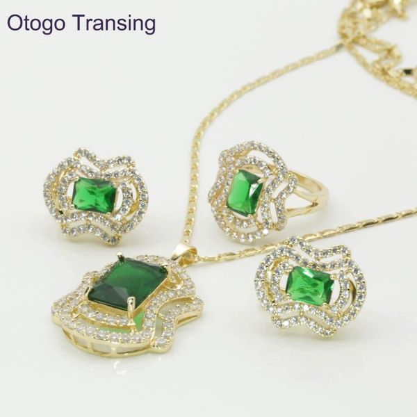 

earrings & necklace otogo transing gold color romantic geometric shaped fashion jewelry sets green crystal zircon for necklace/earring/r, Silver