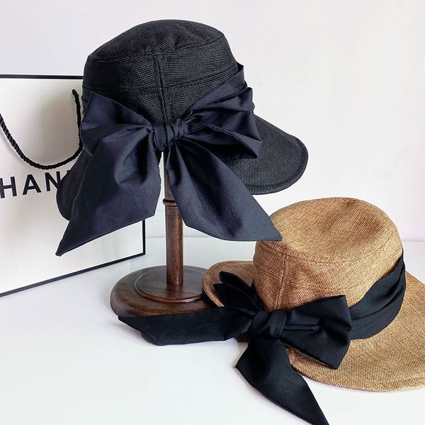 

korean cotton and hemp pure color back opening bow fisherman's hat simple fashion show face small temperament sunscreen sunshade cap, Blue;gray