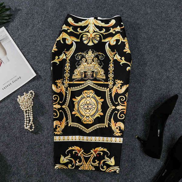 

skirts -coming european women autumn print pencil high stretch abstract pattern midi slip hip female yimb, Black