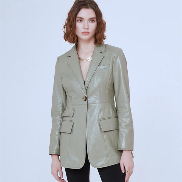 

women's leather & faux spring autumn original design suit for women 2021 peaked lapel jacket slim single button pocket pu coat, Black