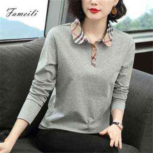 

2021 middle-aged  polo plaid splicing lapel short sleeve long sleeve solid color printed t-shirt women's top, White