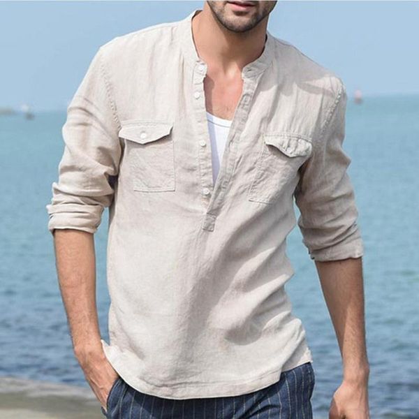 

men's casual shirts baggy cotton linen long sleeve button pocket stitching stand collar blouse s-2xl camisas hombre, White;black