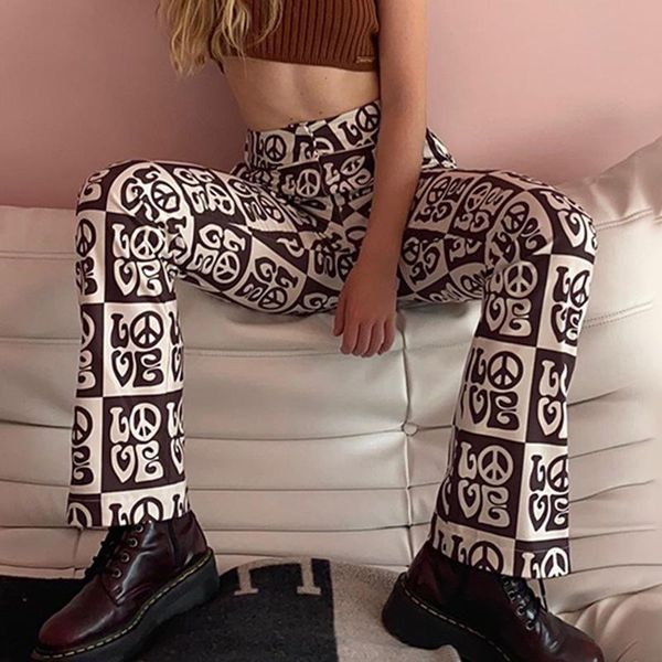 

women's pants & capris 2021 women autumn casual slim streetwear high waist trousers fashion female split side flare pattern print pant, Black;white