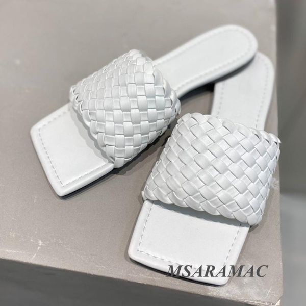 

summer leather hand-woven flat slippers side peep toe women's outer party shoes, Black