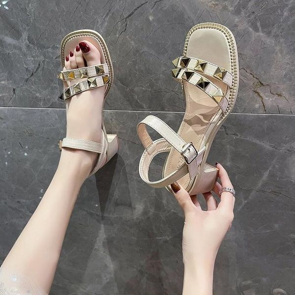

sandals rivet fashion black women's shoes 2021 summer casual comfortable dress high heels beige buckle simple