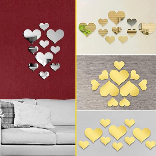 Adesivos de parede 10pcs adoram coração acrílico espelho adesivo emovável DIY Background Sala de estar Arte decoração