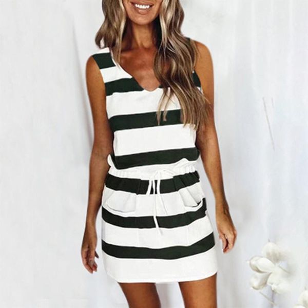 

casual dresses #l5 striped v neck dress women summer 2021 basic macthing double pockets sleeveless for vestidos mujer, Black;gray