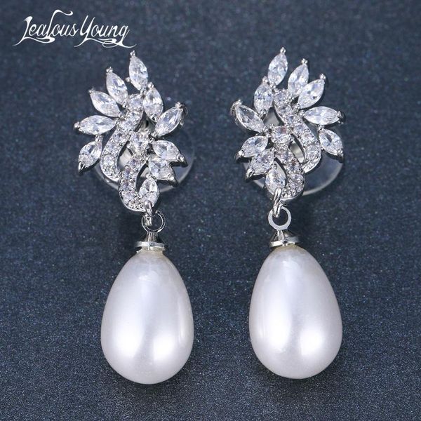 

dangle & chandelier 2021 oval simulated pearl earrings for women cz stone drop earrrings leaf bride fashion jewelry brincos ae557, Silver