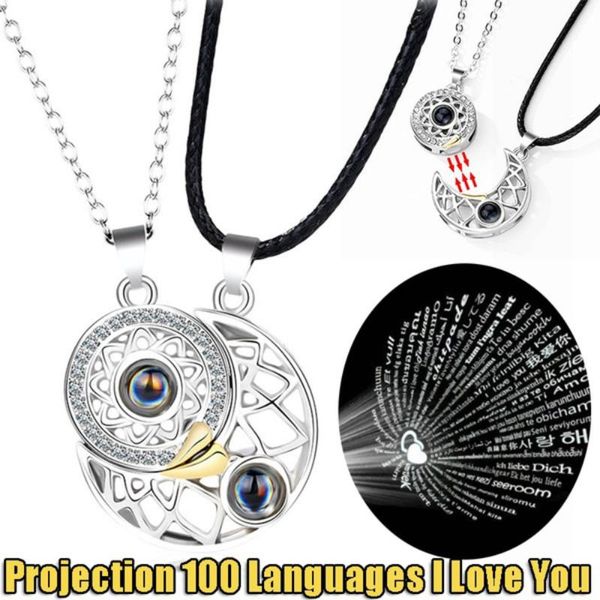 

pendant necklaces 100 languages i love you magnetic projection for women men lovers sun moon paired couple necklace valentine's day gif, Silver