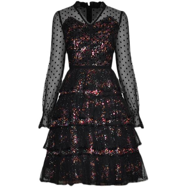 

spring luxury fashion women v nekc sequined sheer mesh patchwork cake dreses for ladies ydy casual dresses, Black;gray