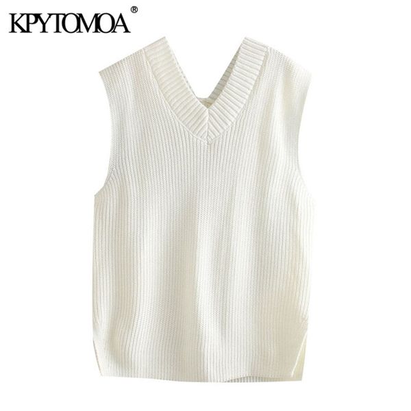 

women fashion loose knitted vest sweater sleeveless side vents female waistcoat chic 210420, Black;white