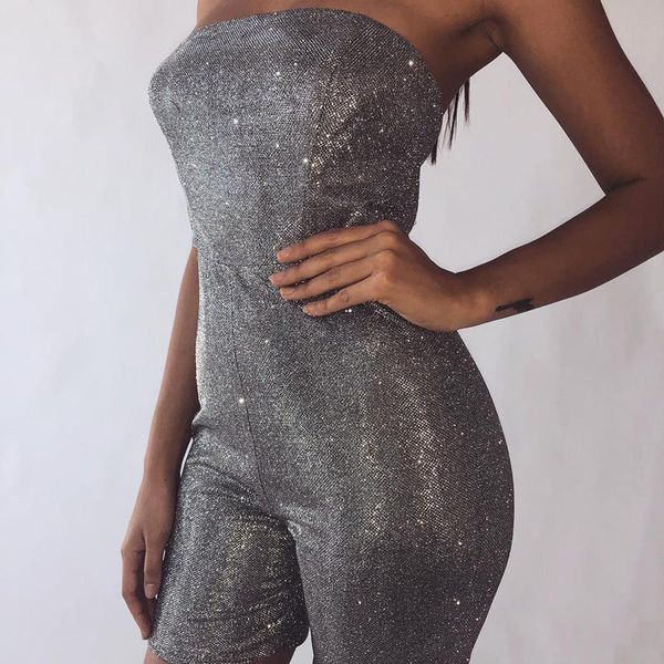 

women's jumpsuits & rompers womens sleeveless strapless playsuit sequined shinny bright slim skinny solid holiday club party, Black;white