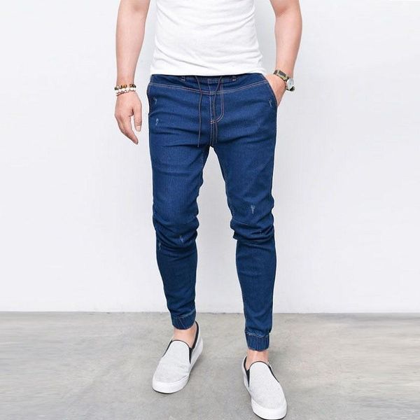 

men's jeans shzq casual men solid slim fit full lenght pencil pants plus size light blue black denim for ripped male trouser