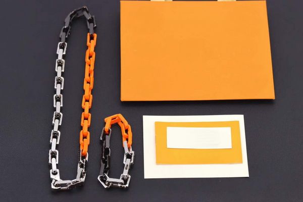 

europe america style necklace bracelet men womens silver black orange-colour metal engraved v initials flower pattern thick chain jewelry se