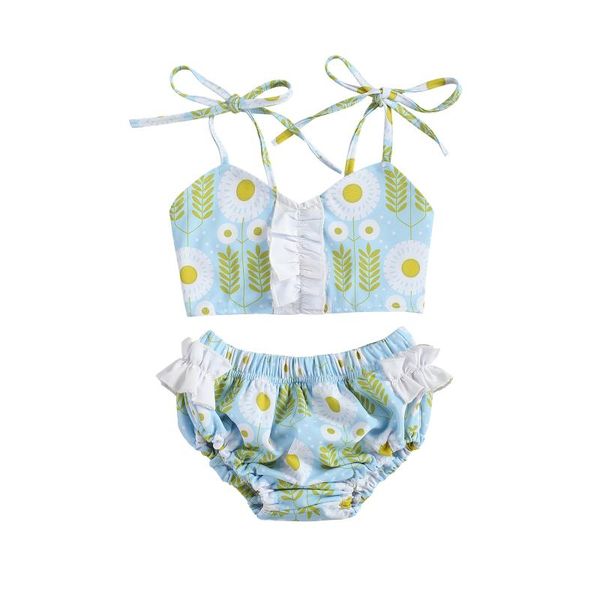 

girls two-piece swimming clothes set, light blue floral printed pattern suspender + shorts one-pieces, Black