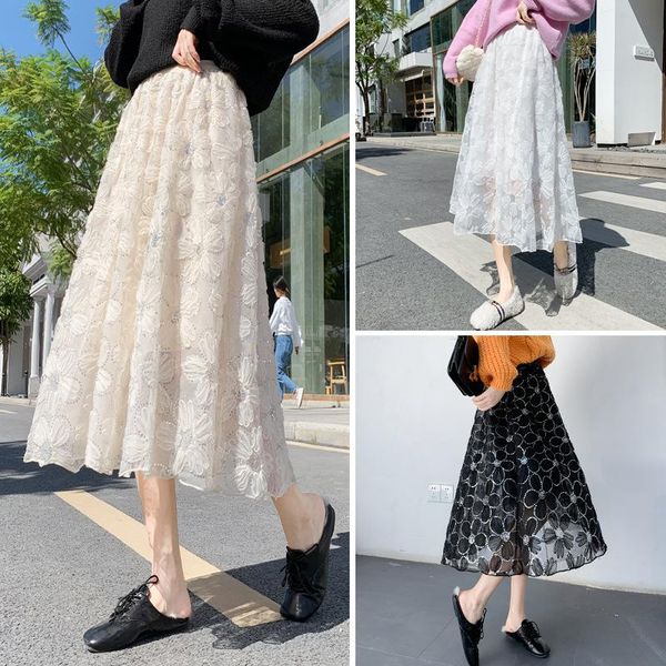

autumn & winter embroidery solid color elastic high waist slimming all-match women mesh a-line long skirt skirts, Black