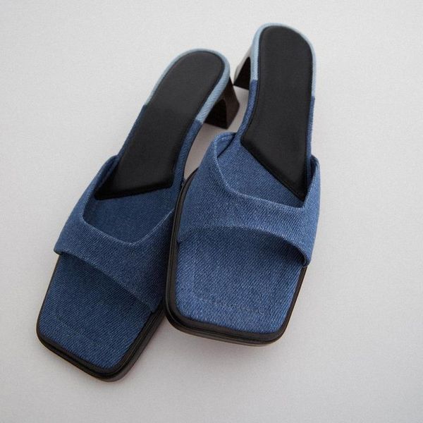 

sandals heeled house slippers platform denim women's shoes low pantofle slides square heel black soft flat 2021 block