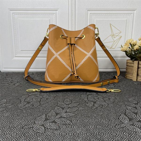 

women handbag bucket bag crossbody bags drawstring embossed letter genuine leather detachable handle plain fashion handbags purse