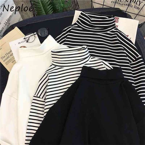 

high neck pullover long sleeve t shirt women vintage striped patchwork loose tees spring casual ladies wild 210430, White