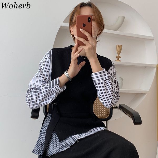 

fashion two peices set women knitted bandage sweater vest vintage striped long sleeve blosue shirt korean chic outfits 210417, White;black