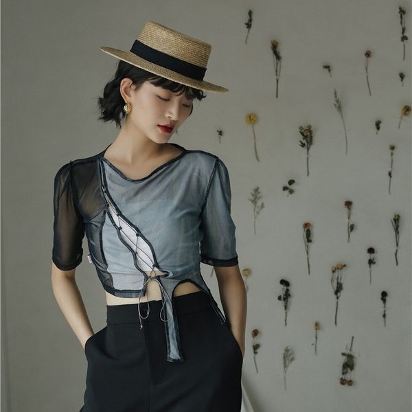 

women's t-shirt mesh crop r tshirt women bandage t asymmetrical summer short sleeve print tee fashion 00af, White