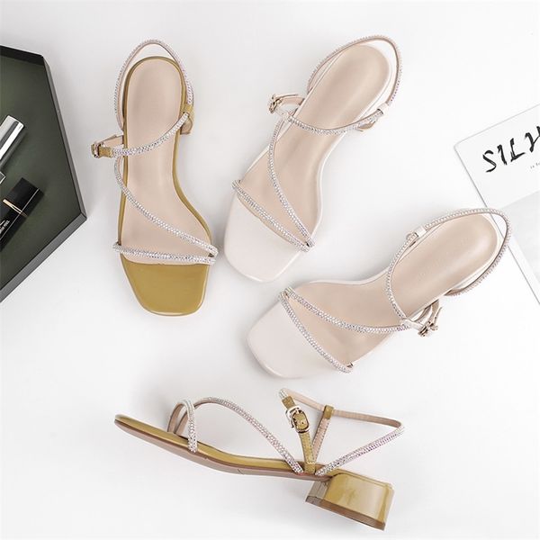 

summer women sandals crystals cross straps shoes woman narrow band casual square high heel pumps slippers 210520, Black