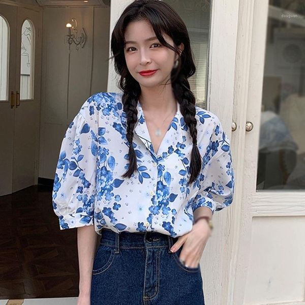 

summer t-shirt loose floral lantern sleeve suit collar casual lazy short white  fits all women's