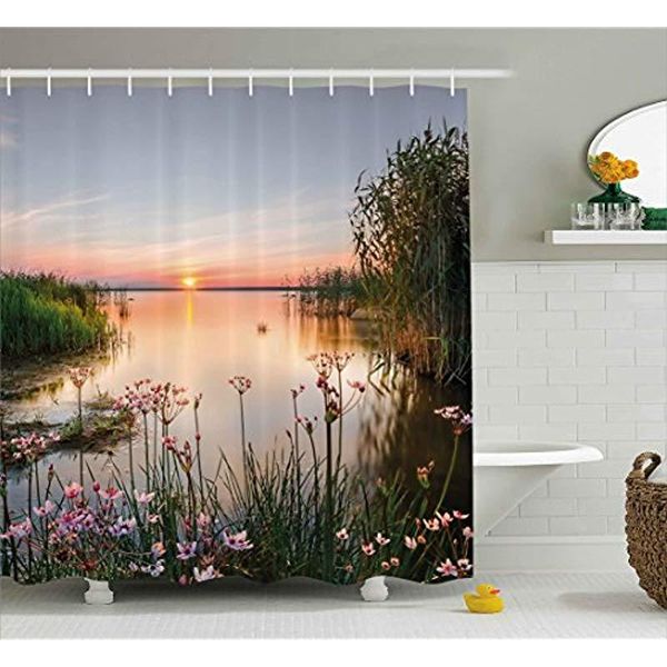 

shower curtains curtain sunset at lake estonia view spring flowers landscape po fabric bath
