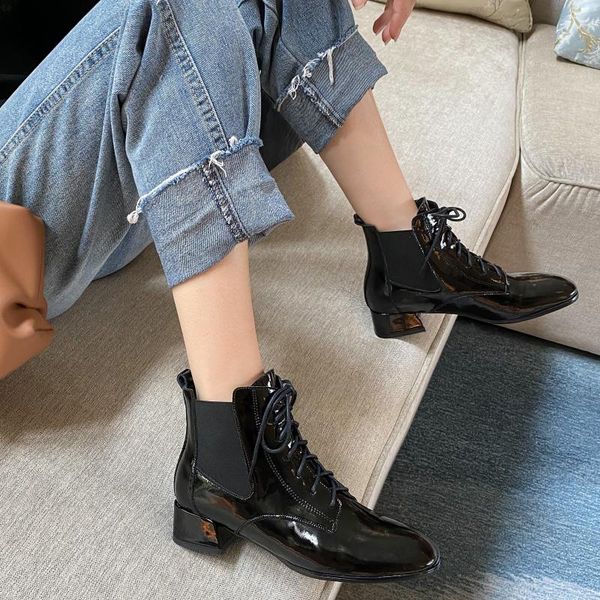 

dress shoes 2021 spring and autumn wild fashion women's boots leather ankle lace-up chunky heel single x041, Black