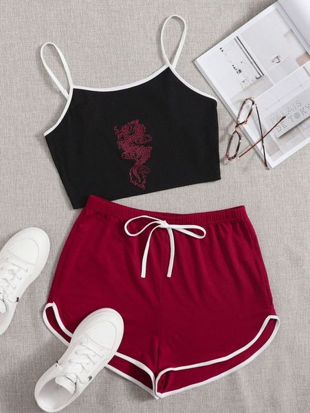 

dragon print contrast binding cami & dolphin shorts set y1hr#, White