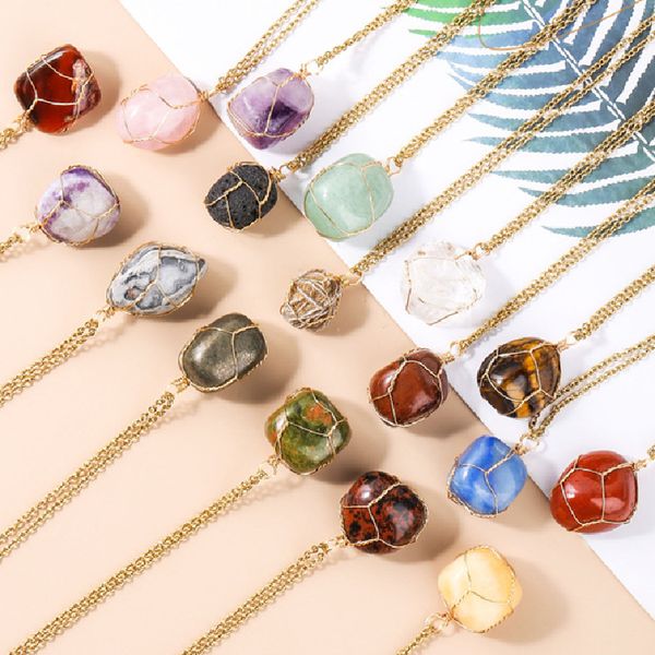 

irregular round natural stone pendant necklace amethyst lapis rose quartz crystal gold wrap wire necklaces healing for women men, Silver