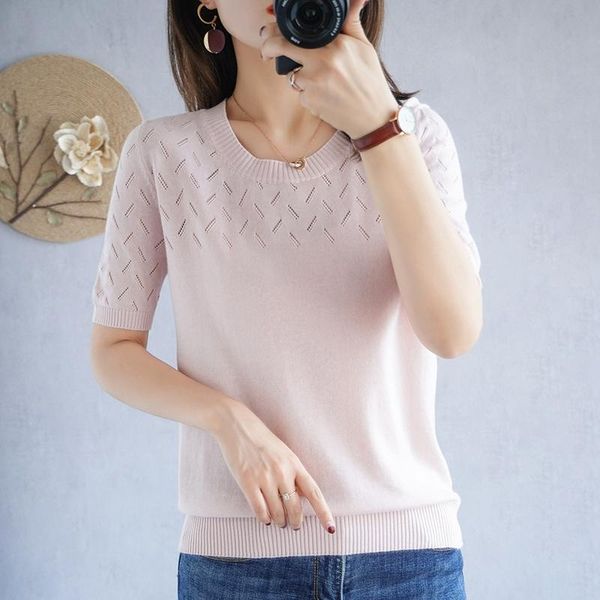 

women's t-shirt 2021 spring and summer 100% pure cotton knitted short-sleeved round neck loose all-match blouse pullover, White