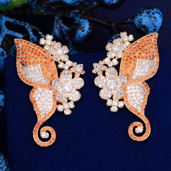 

stud godki luxury butterfly flowers earrings for women wedding cubic zircon cz bridal bohemia mom gift trendy, Golden;silver