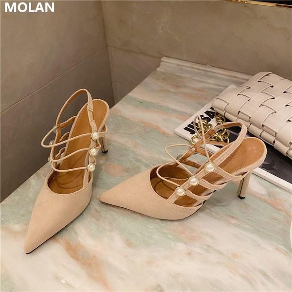 

dress shoes molan brand design 2021 autumn fashion size 35-40 luxury elegant pearl high thin heels 9.5cm lady pumps velvet shoe party casual, Black