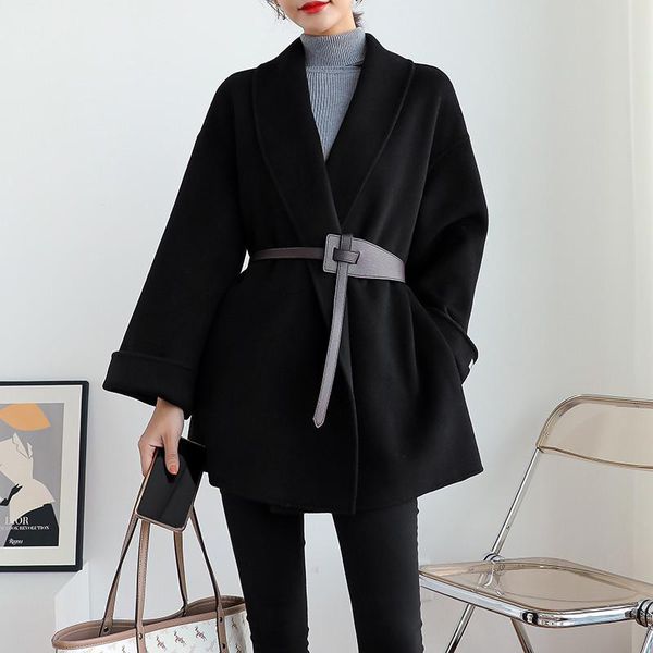 

women's wool & blends good quality hand-stitched woolen coat mid-length 2021 winter black slim and small cape double-sided cashmere
