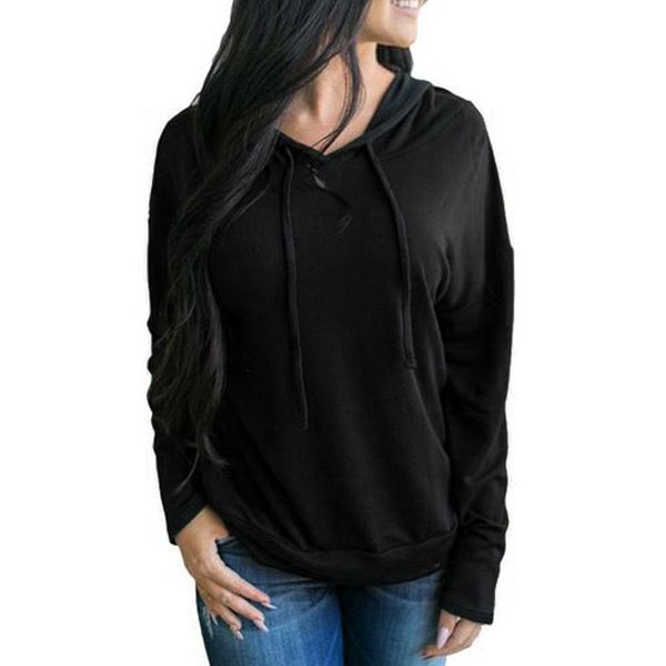 

women's t-shirt plus size solid color women shirts stitching long sleeve tees bandage hooded collar casual loose ladies, White